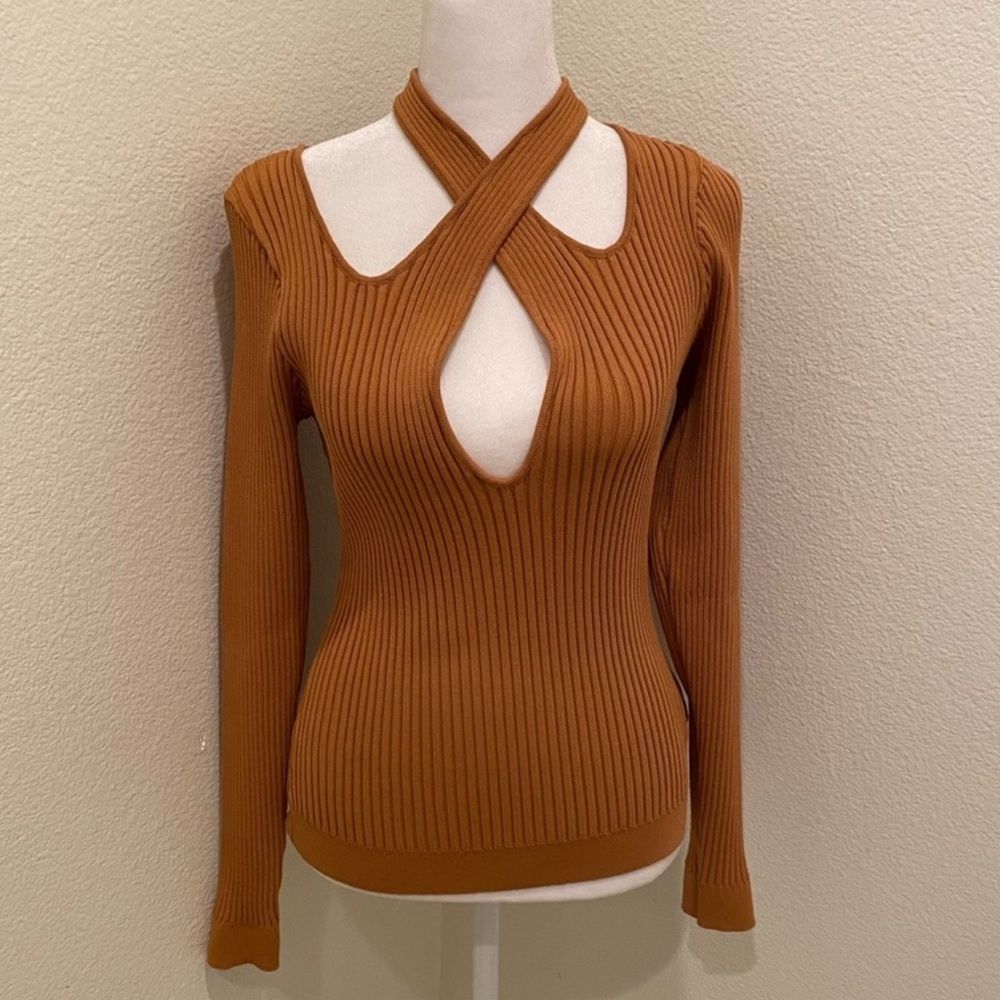 Nwt Minkpink Gianna Crisscross Ribbed-Knit Top Pecan, Xs